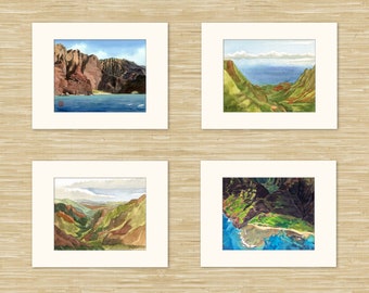 Na Pali Kauai Watercolor Art Prints, Set of 4 Hawaii Paintings: Waimea Canyon, Kalalau Lookout, Nualolo Kai, Honopu Beach