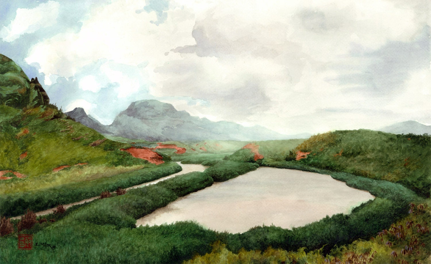 Kauai Art Print Mist at Alekoko Fishpond Hawaii Watercolor Landscape  Painting Print 