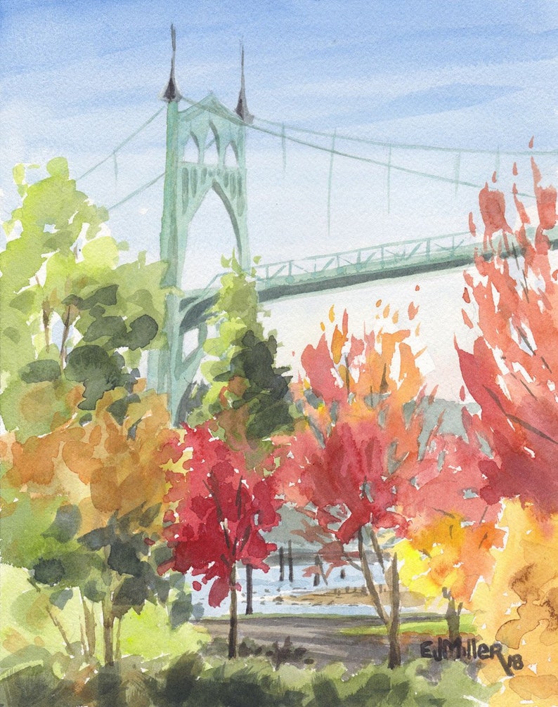 Portland Oregon Art Print St. John's Bridge Painting Etsy