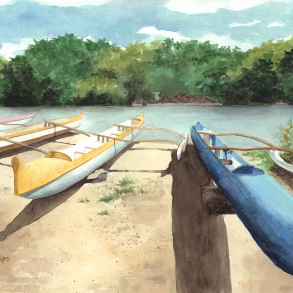 Hawaii Canoes Art Print - Kauai beach artwork, Hawaiian watercolor painting, Kauai wall art, Hawaii beach wall art, Kauai Hawaii art print