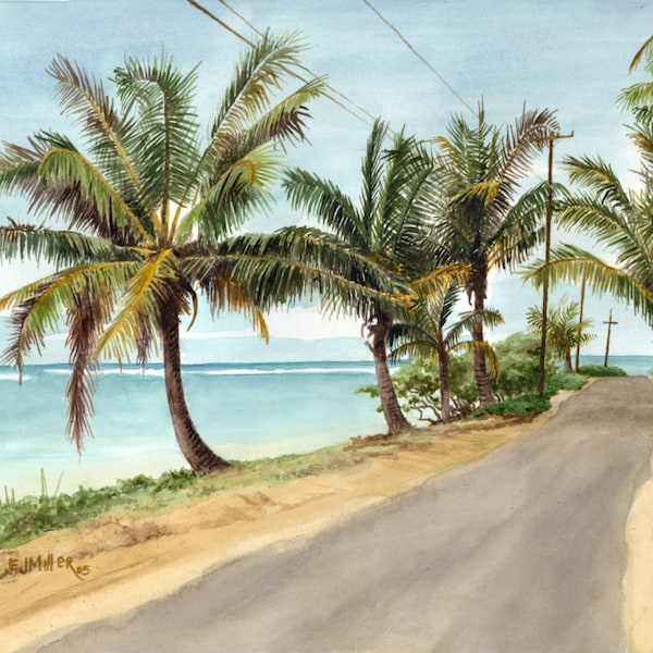Anini Beach Kauai art print - Hawaii watercolor painting, North Shore Kauai artwork, palm trees art, Hawaii art print, Hawaii wall art