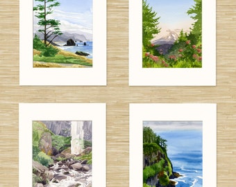 Set of 4 Oregon art prints: Oregon wall art, Oregon coast art, Portland Oregon art, Oregon waterfall art, Haystack Rock Cannon Beach art