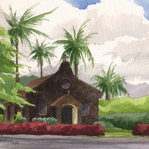 Kilauea Church Kauai art print : Hawaii stone church, Kauai watercolor painting, Hawaii wall art, Hawaii lava rock church, Kauai wedding