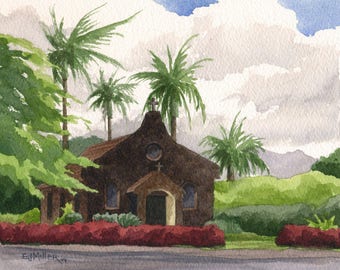 Kilauea Church Kauai art print : Hawaii stone church, Kauai watercolor painting, Hawaii wall art, Hawaii lava rock church, Kauai wedding