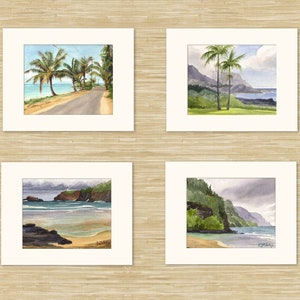 Set of 4 North Shore Kauai art prints: Hanalei art, Bali Hai painting, Kilauea lighthouse, Anini Beach watercolor, Kee Beach Hawaii wall art