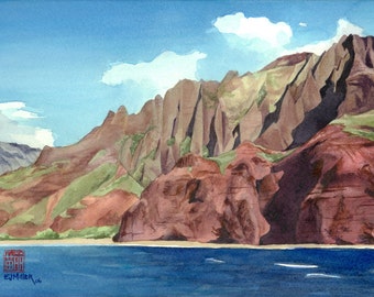 Na Pali Coast Art Print - Kalalau Beach Kauai Painting, Napali Hawaii Watercolor Art