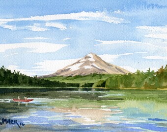 May include: Watercolor painting of a mountain landscape with a lake and a red canoe. The mountain has a snow-capped peak. Lush green trees line the lake's edge. The sky is blue with white clouds. Signed "E.J. Miller '16".