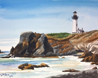 Oregon coast lighthouse art print, Yaquina Head Lighthouse Oregon watercolor painting, Newport Oregon lighthouse art, Oregon coast wall art