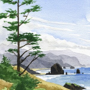 May include: A watercolour painting depicting a coastal scene with a tall pine tree in the foreground, a sandy beach, and a rocky outcrop in the distance. The sky is blue with white clouds.