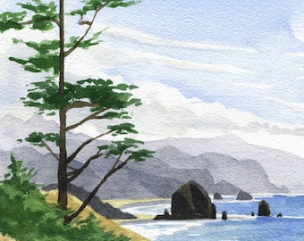 May include: A watercolor painting of a coastal scene with a tall pine tree in the foreground, a sandy beach, and a rocky outcropping in the distance. The sky is blue with white clouds.