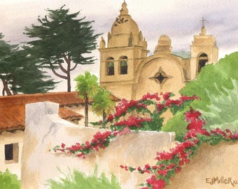 Carmel Mission Watercolor Art Print, California Landmark Spanish Mission Painting