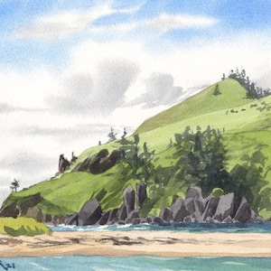 May include: Watercolor painting of a coastal landscape. A green grassy hill slopes down to a sandy beach and turquoise water. Dark rocks and trees dot the hillside. The sky is blue with white clouds. Signed "EJ Miller 21".