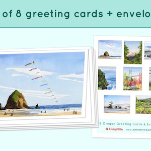 Oregon Greeting cards set of 8 art print watercolor paintings, Oregon coast artwork, Cannon Beach notecards, Mt. Hood greeting cards