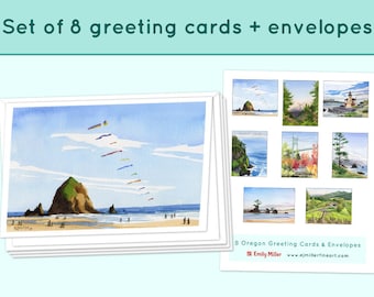 Greeting cards set of 8 - Oregon art print watercolor paintings, Oregon coast artwork, Cannon Beach notecards, Mt. Hood greeting cards