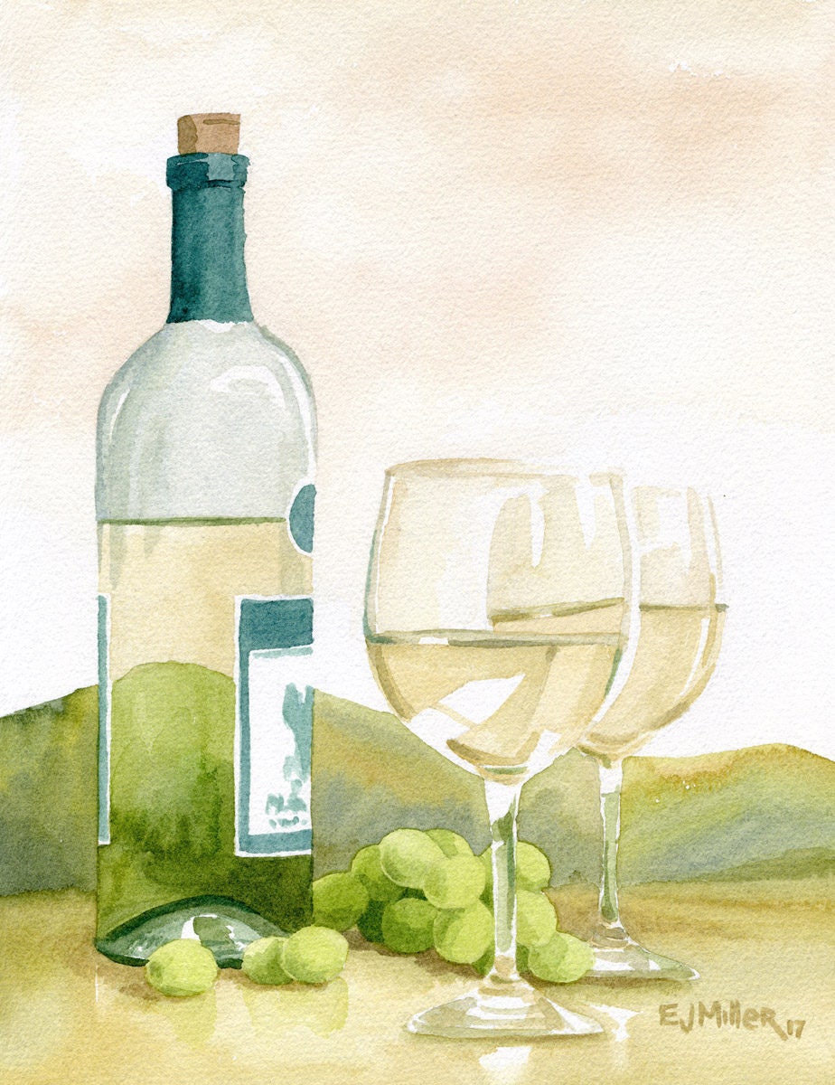 油彩画　white wine time White Wine Art Print, Wine Country Painting, Wine Grapes Artwork