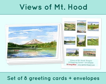 MT HOOD Greeting cards set of 8 watercolor prints, Oregon art prints, Oregon landscape notecards, Mt Hood artwork greeting cards