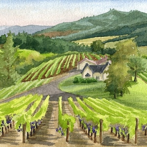 Oregon Vineyard Art Print, Oregon wine country art, Oregon Winery artwork, Oregon watercolor, Oregon grapevines painting, winery wall art