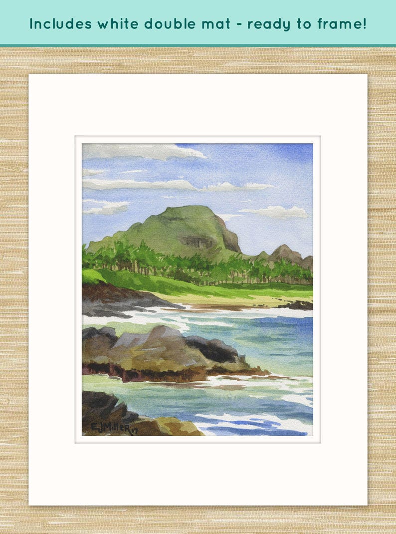 Poipu Kauai Beach Art Print Shipwreck Beach Watercolor Painting, Hawaii