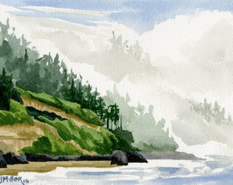May include: Watercolor painting of a green, forested hillside with a sandy beach and blue water in the foreground. The sky is a light blue with white clouds.