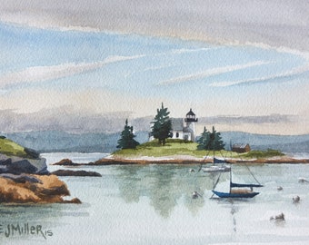 Pumpkin Island Maine lighthouse painting, Deer Isle Maine art print, Downeast Maine watercolor, Little Deer Isle Maine coast artwork