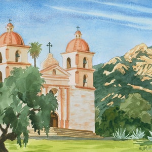 Santa Barbara Mission California art print, California mission painting, Spanish Mission church artwork, Santa Barbara Mission watercolor