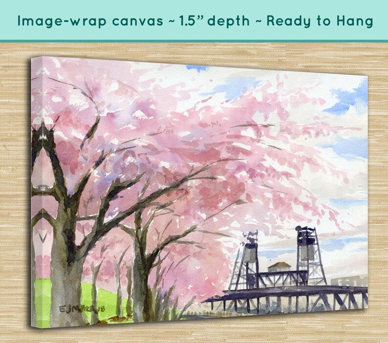 May include: Watercolor painting of a bridge with pink cherry blossoms in the foreground. The bridge is made of metal and has a wooden deck. The cherry blossoms are in full bloom and are a vibrant pink color. The painting is on a canvas and is ready to hang.