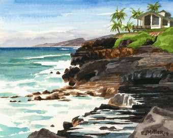 Poipu Kauai Watercolor Art Print – Makahuena Point, Hawaii Beach Art