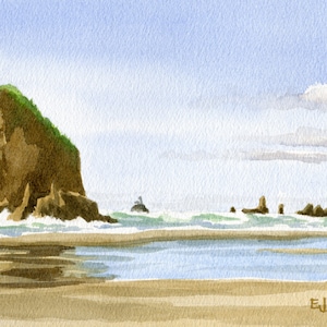 Haystack Rock art print, Cannon Beach painting, Oregon coast artwork, Tillamook Head Lighthouse, Cannon Beach watercolor, Oregon wall art