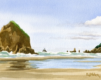 May include: A watercolor painting of a rocky coastline with a large, green-topped rock formation in the foreground. The sky is a light blue with white clouds. The water is a light blue and green, and the sand is a light brown.