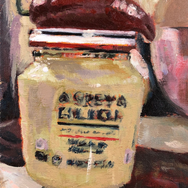 Grey poupon red chili pepper still life oil painting on hardboard panel for kitchen restaurant cafe 6x8