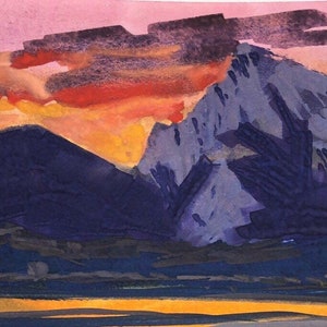 Canadian rockies rocky mountain sunset ski resort landscape 4x6 cold press watercolor paper Contemporary purple orange decor for ski resort