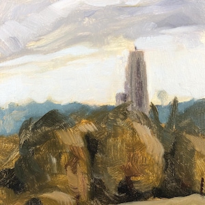 Cathedral of Learning on Pitt campus from Schenley park Pittsburgh Pennsylvania University of Pittsburgh oil painting on 6x8 wood hardboard