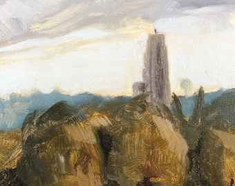 Cathedral of Learning on Pitt campus from Schenley park Pittsburgh Pennsylvania University of Pittsburgh oil painting on 6x8 wood hardboard