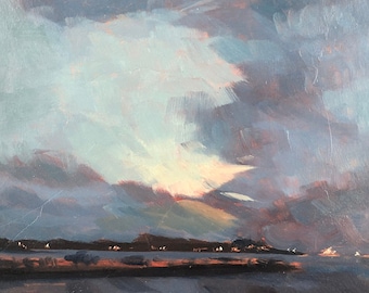 Chesapeake Bay bridge Maryland evening sunset nocturne seascape alla prima oil painting on wood hardboard panel 6x8 inches