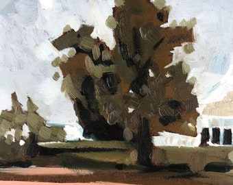 Phipps Conservatory Pittsburgh Tree with puffy clouds in the sky alla prima oil painting on 1/4” wood hardboard panel l