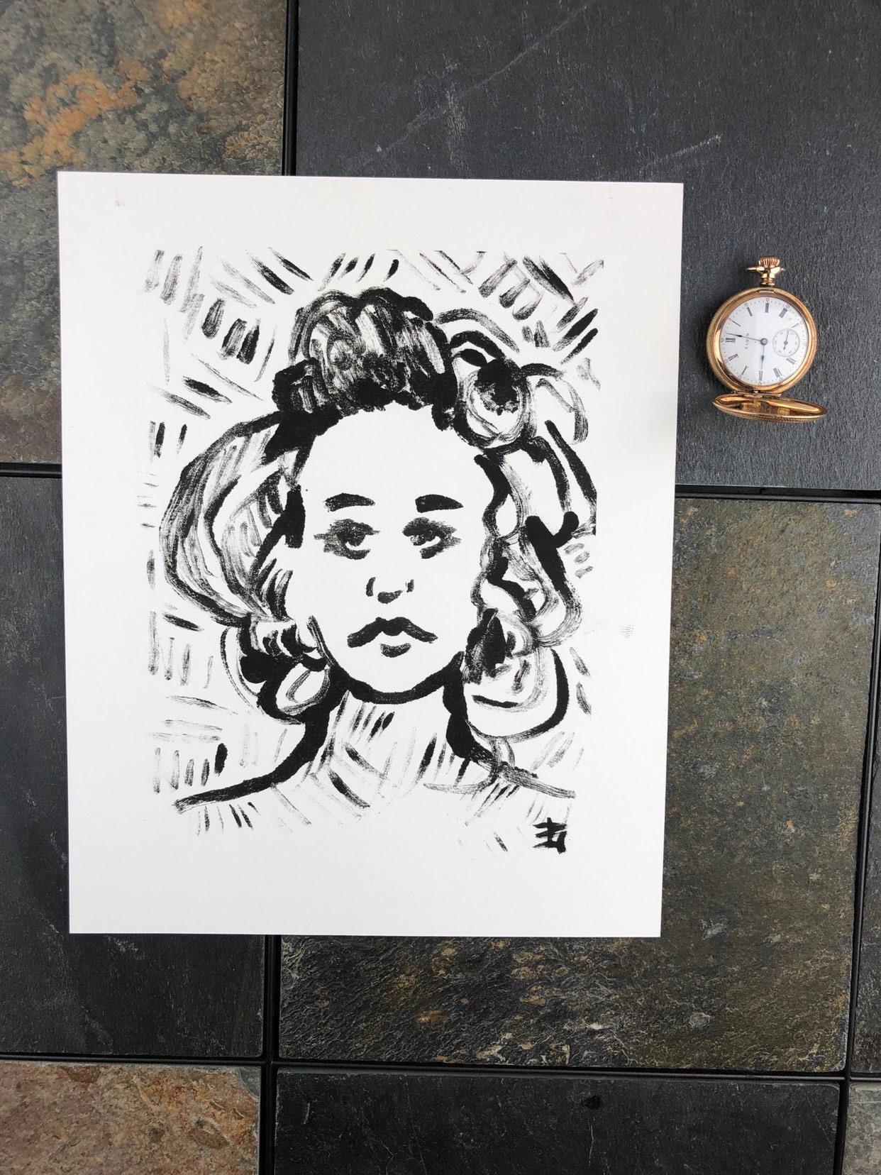 Monotype Print Portrait Drawing on 8x10 Hot Press Watercolor Paper in