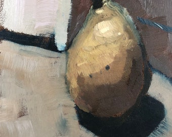 Green D’anjou pear 6x8 still life oil painting on hardboard panel for kitchen restaurant cafe