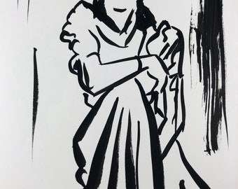 9x12 Femme drapée femme femme corps femme figure geste sumi dessin peinture traditionnelle encre noire chinoise sur 100 livres papier lisse lourd