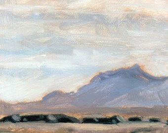 Desert southwest mountain with puffy clouds in the sky alla prima oil painting on wood hardboard panel 6x8