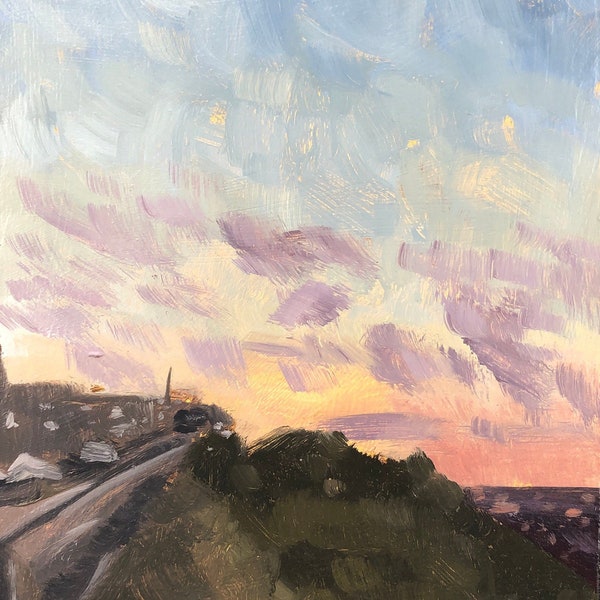 Pittsburgh Mount Washington sunset with puffy clouds in the sky alla prima oil painting on6x8x 1/4” wood hardboard panel