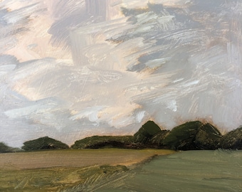 Green farm field with puffy clouds in the sky alla prima oil painting on 1/4” wood hardboard panel l