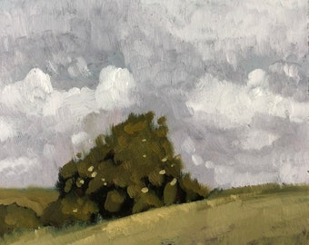 Tree with puffy clouds in the sky alla prima oil painting on 1/4” wood hardboard panel l