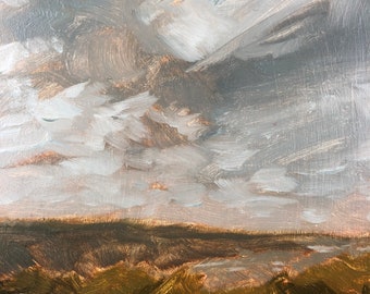 Pittsburgh Monogahela River valley with puffy clouds in the sky alla prima oil painting on wood hardboard panel l