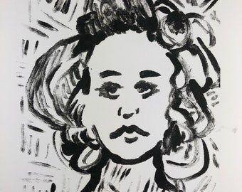 Monotype print Portrait drawing on 8x10 hot press watercolor paper in Akua Ink 8x10 Inches Small Female portrait drawing Handmade monoprint