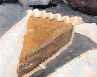 Pumpkin pie fall autumn dessert thanks giving Halloween painting on 6x8 hardboard panel for kitchen restaurant cafe