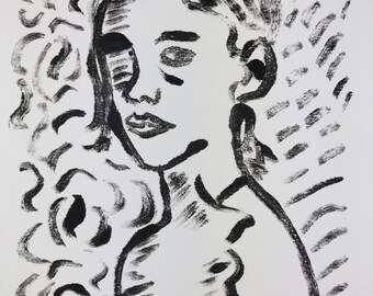 8x10 inch girl woman female mono print line drawing portrait in black akua ink on Hot Press watercolor Paper for office dorm bedroom