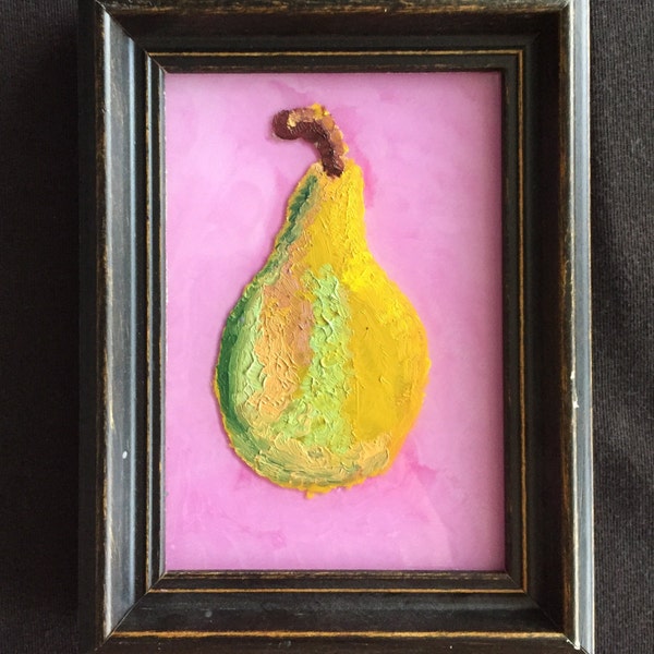 Framed pear oil painting | oil painting | glass painting | 3.5x5 inches | contemporary art | frame included