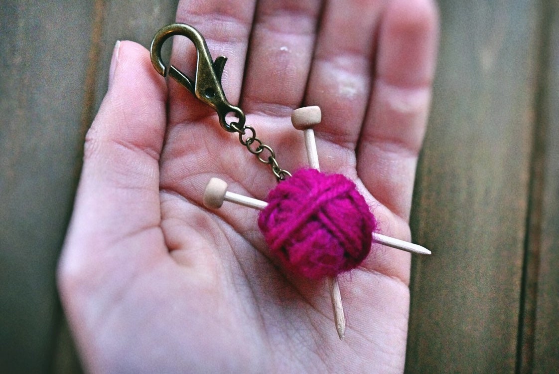 Knitting keychain handmade real yarn and tiny needles Etsy