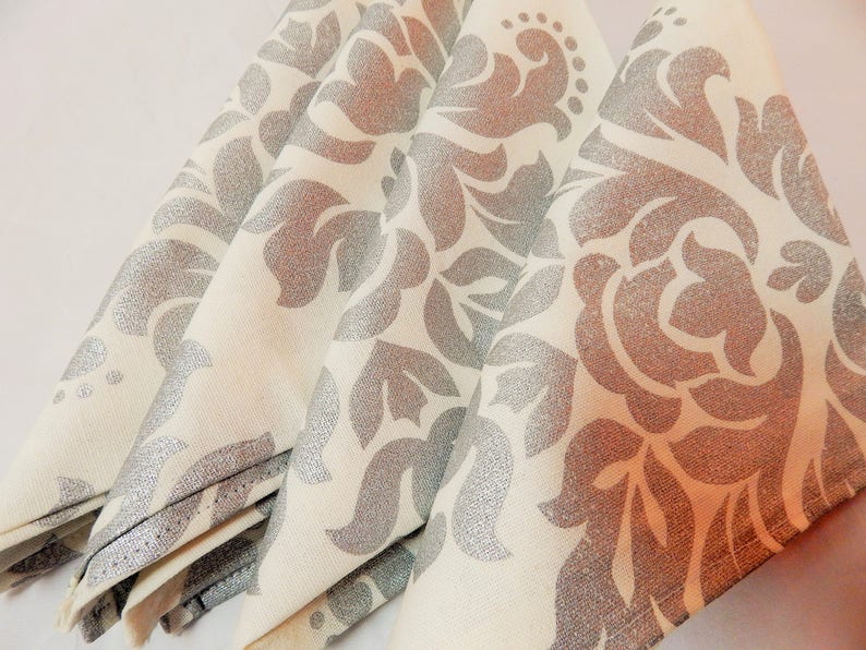 Set Of FOUR~Handmade dinner Napkins~IvoryMetallic silver~FloralToileTable Linen