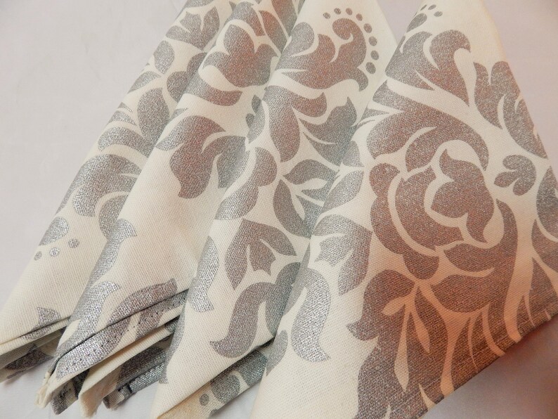 Set Of FOUR~Handmade dinner Napkins~IvoryMetallic silver~FloralToileTable Linen